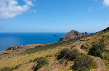 Mountainous island Porto Santo in the Atlantic Ocean. Portugal. Ocean view from the mountain island Porto Santo.
