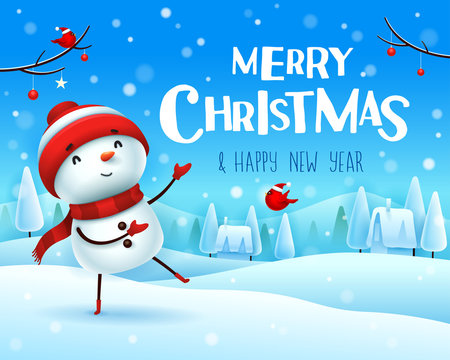 Merry Christmas! Cheerful Snowman Greets In Christmas Snow Scene Winter Landscape.