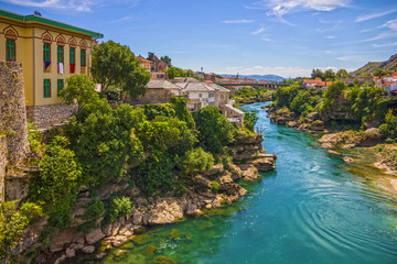 Fototapeta na wymiar Mostar old town river view, Bosnia and Herzegovina