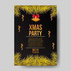 Christmas party poster banner template with golden leaves and bell. vector illustration
