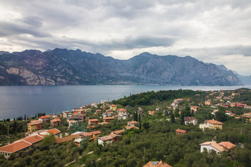 Fototapeta na wymiar Garda lake view, Italy. Malcesine town aeirial view from Monte Baldo mountain, Lombardy