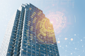 Building business with graphical interface or atificial of iternet of things. communication technology futuristic city. Smart City digital concept.