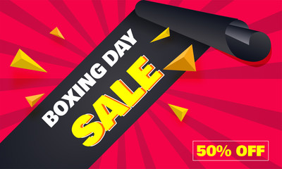 Sale template or flyer design, 50% discount offer and curl ribbon with abstract elements on red rays background for Boxing Day.