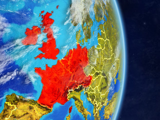 Western Europe on planet planet Earth with country borders. Extremely detailed planet surface and clouds.