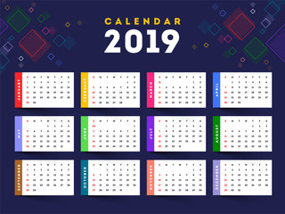 Complete set of 12 months for 2019 yearly wall calendar design with abstract element.