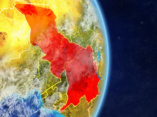 Central Africa on planet planet Earth with country borders. Extremely detailed planet surface and clouds.
