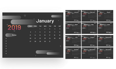 Set of 12 months, yearly calendar design for 2019 with abstract elements.
