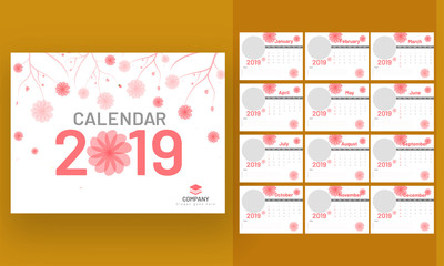 Flowers decorated yearly calendar or organizer design for year 2019.