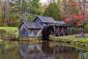 Autumn scene at Mabry Mill, a grist mill located on the Blue Ridge Parkway in southern Virginia