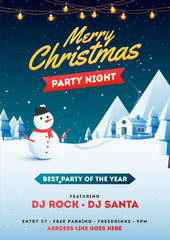 Fototapeta na wymiar Merry Christmas Party Night flyer or template design, illustration of snowman and snow capped home on winter landscape background with time and venue details.