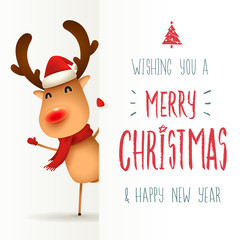 The red-nosed reindeer with big signboard. Merry Christmas calligraphy lettering design. Creative typography for holiday greeting.
