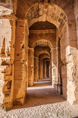 Corridor in ruins of the largest coliseum, North Africa. El Jem,Tunisia, UNESCO