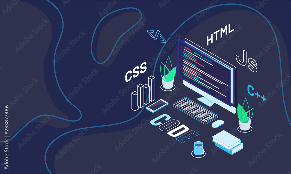 Poster Workspace of web developer with text code on abstract blue background. Isometric design for software development.