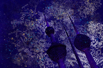 Kuwait Towers Night Time Water Color And Text Brushes Illustration