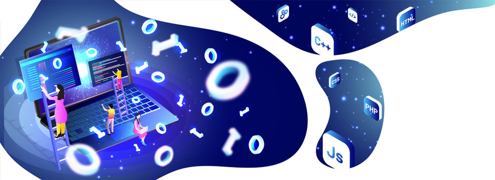 Website under maintenance, miniature developers or analyst analysis data on binary coding background. Isometric design for teamwork or Web Developing concept.