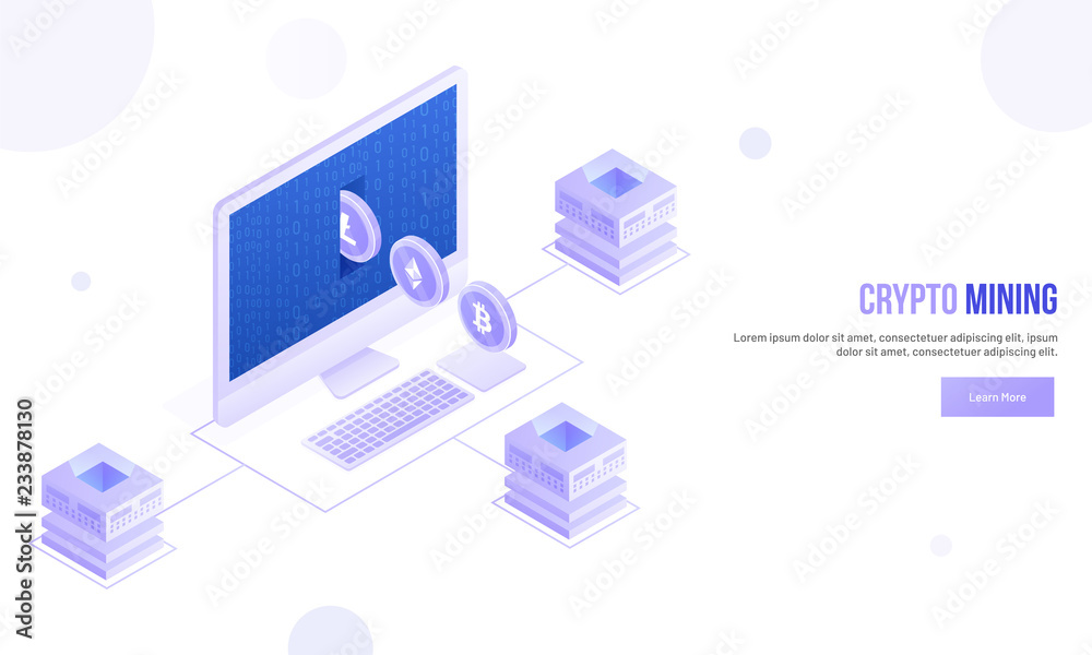 Wall mural crypto mining concept based isometric design, 3d desktop connected with crypto servers on abstract w
