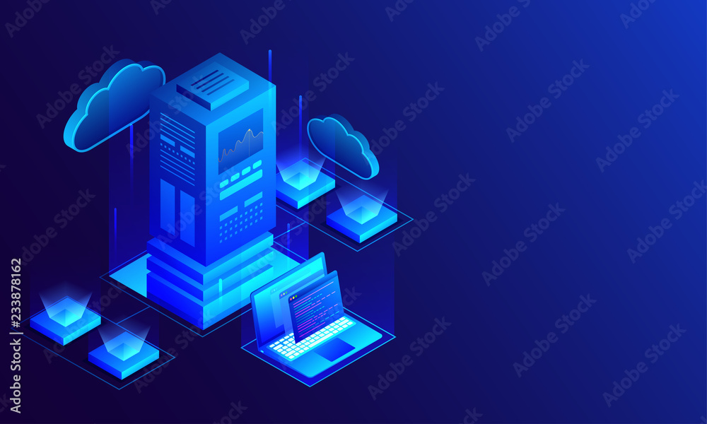 Poster 3D illustration of big data server connected with laptop and local servers on glossy blue background, Isometric design for Data Center concept.