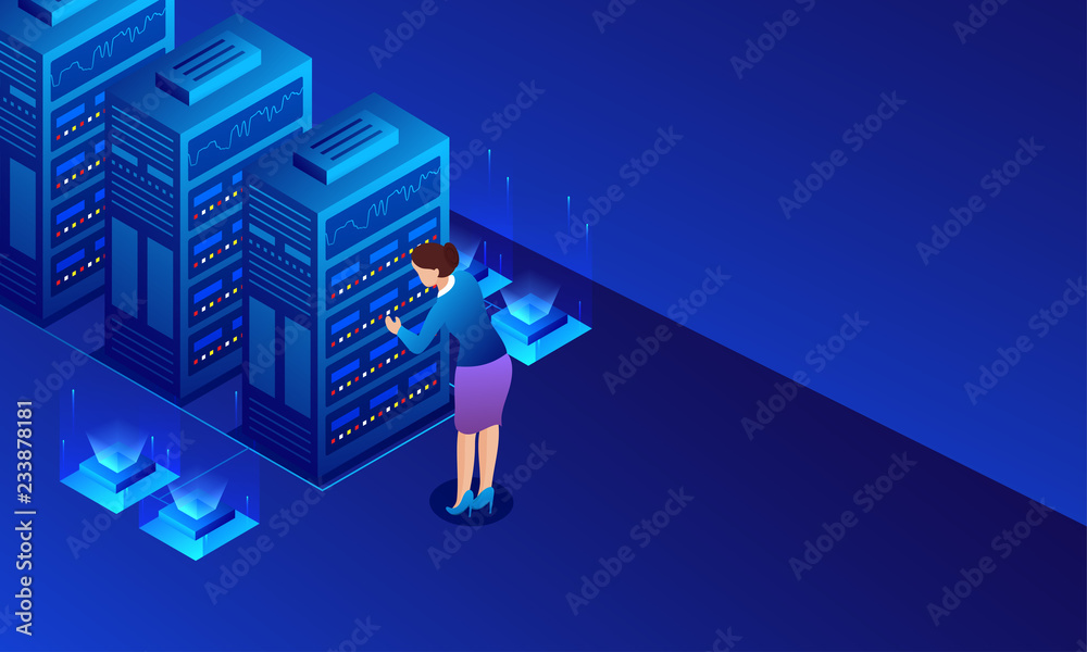 Wall mural big data server with local sevres, lady checking the machine on glossy blue background for data cent