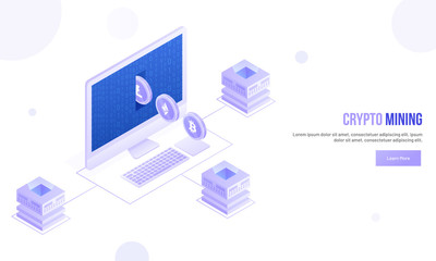 Crypto Mining concept based isometric design, 3d desktop connected with crypto servers on abstract white background.