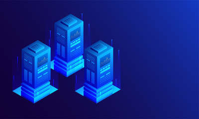 3D illustration of three big data server with digital rays on glossy blue background, isometric design for data center.
