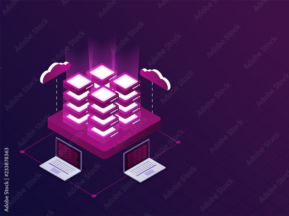 Wall mural four servers connected with laptops on purple background isometric design for data management concep