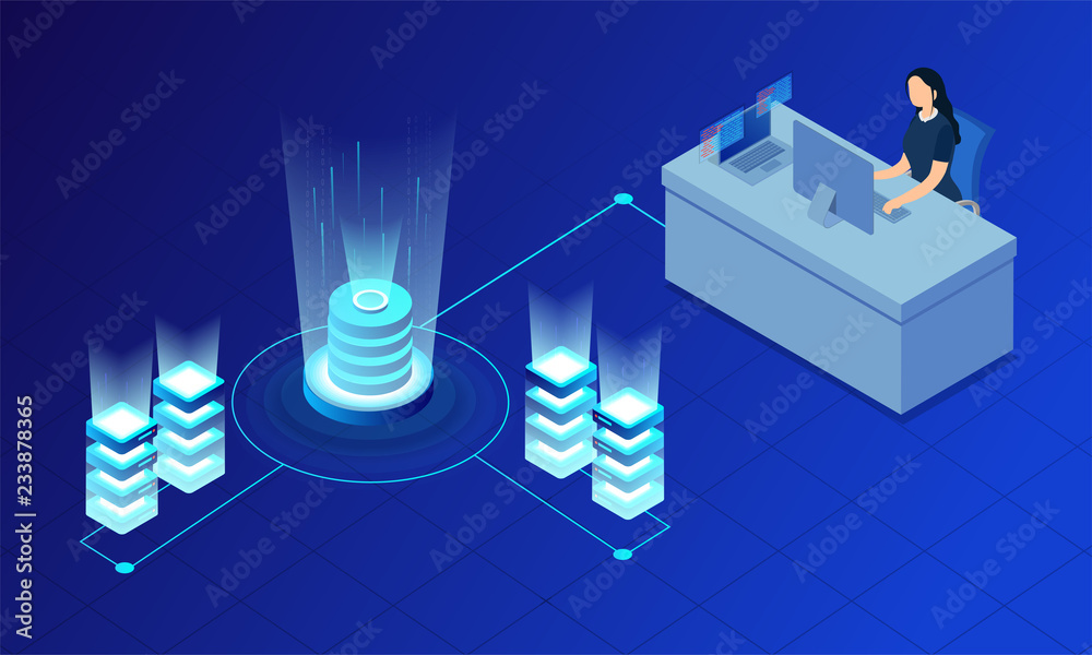 Canvas Prints glowing servers connected with database, lady analyst maintain the data on blue background for data 
