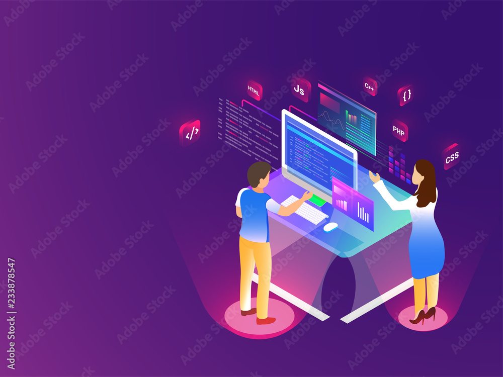 Poster Miniature developers working on desktop with different coding language signs on glossy purple background for Web Development concept.