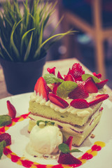 Strawberry Shortcake with ice cream fresh cream strawberries and mint