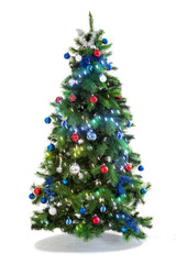 Festive Christmas tree decorated ,Beautiful new year background, isolated on white