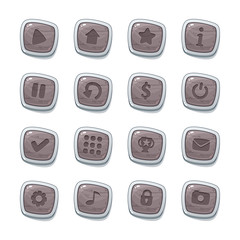 Set of 16 stone icons in white frames isolated on white background for game user interface. Mobile app vector elements template in cartoon style.