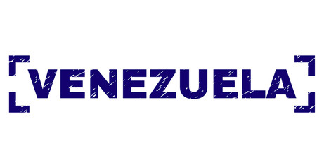 VENEZUELA text seal print with distress texture. Text tag is placed between corners. Blue vector rubber print of VENEZUELA with dirty texture.