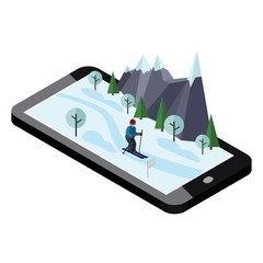 Isometric man skiing. Mobile navigation. Videos and photos keeped in phone memory. Cross country skiing, winter sport. Olympic games, recreation lifestyle, activity speed extreme