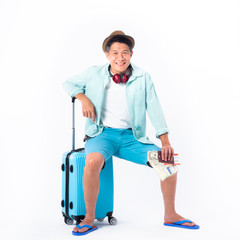 asian smiling man wear hat, blue shirt, blue shorts and sandal isolated white background