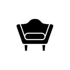 Black & white vector illustration of comfortable armchair with decorative back. Flat icon of arm chair seat. Upholstery furniture. Isolated object