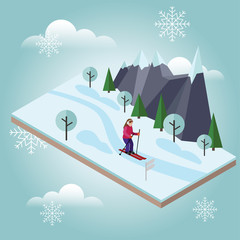 Isometric woman skiing. Cross country skiing, winter sport. Olympic games, recreation lifestyle, activity speed extreme