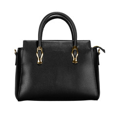 Black leather women bag with gold fittings isolated on a white background. Front view