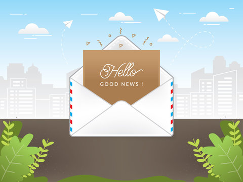 Mail envelope with good news text. Mail envelope illustration. Opening an e-mail, Illustration of good news envelope message