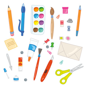 Set of 28 office and school supplies elements: scissors, stick notes, pins, watercolor, gouache, glue, envelope, paper knife, pen, pencil, palette knife, eraser, pencil sharpener and other things!