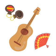 isolated cartoon-style color illustration set of Spanish castanets (spanish music instrument), guitar and dancing woman fan for flamenco. Isolated on white background