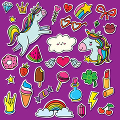 Fashion patch badges with unicorns, hearts, gems, rainbow and other elements for girls. Set of stickers, pins, patches in cartoon 80s-90s comic style. Outlined sweets, diamond, rainbows, crown.
