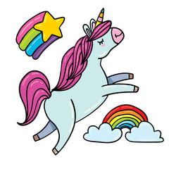 Cute outlined illustrations set of flying unicorn with rainbow hairs around shining star, rainbow and clouds in sky, beautiful magic unicorn horse head doodle style. isolated white background