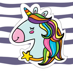 hand drawn illustration of unicorn head with star necklace and rainbow hair on zebra doodle striped background