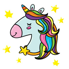 Cute outlined illustration of unicorn head with rainbow hairs around shining stars. isolated on white background