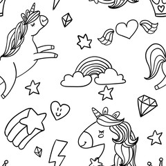 Cute sketch doodle style white outlined seamless pattern background. Coloring page design