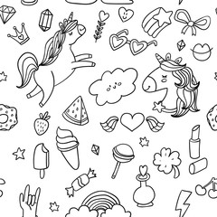 Cute sketch doodle style white outlined seamless pattern background. Coloring page design