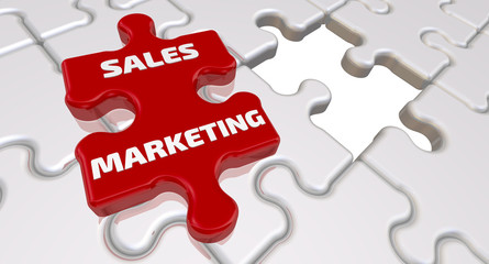 Fototapeta premium Sales marketing. The inscription on the missing element of the puzzle. Folded white puzzles elements and one red with word SALES MARKETING. 3D Illustration