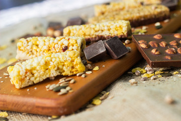 Granola Bars and chocolate with hazelnuts  