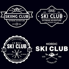 Vintage ski or winter sports logos, badges, emblems, design elements. Vector illustration. Monochrome Graphic Art.