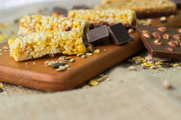 Granola Bars and chocolate with hazelnuts  