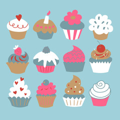 A set of cupcakes on a blue background - 233885549